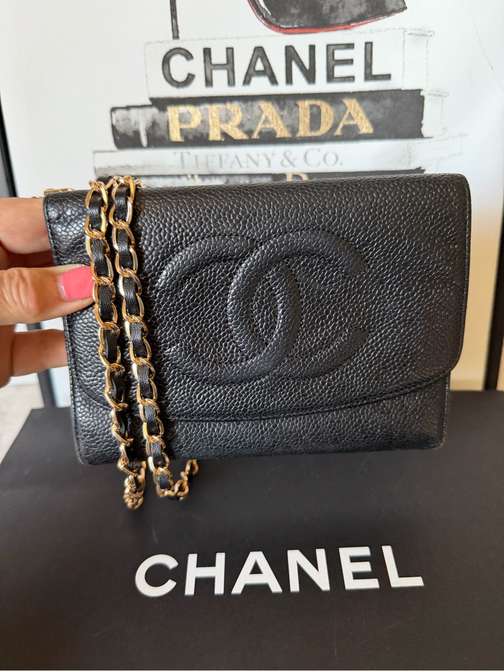 CHANEL Timeless Black Leather CC Logo Wallet on Chain